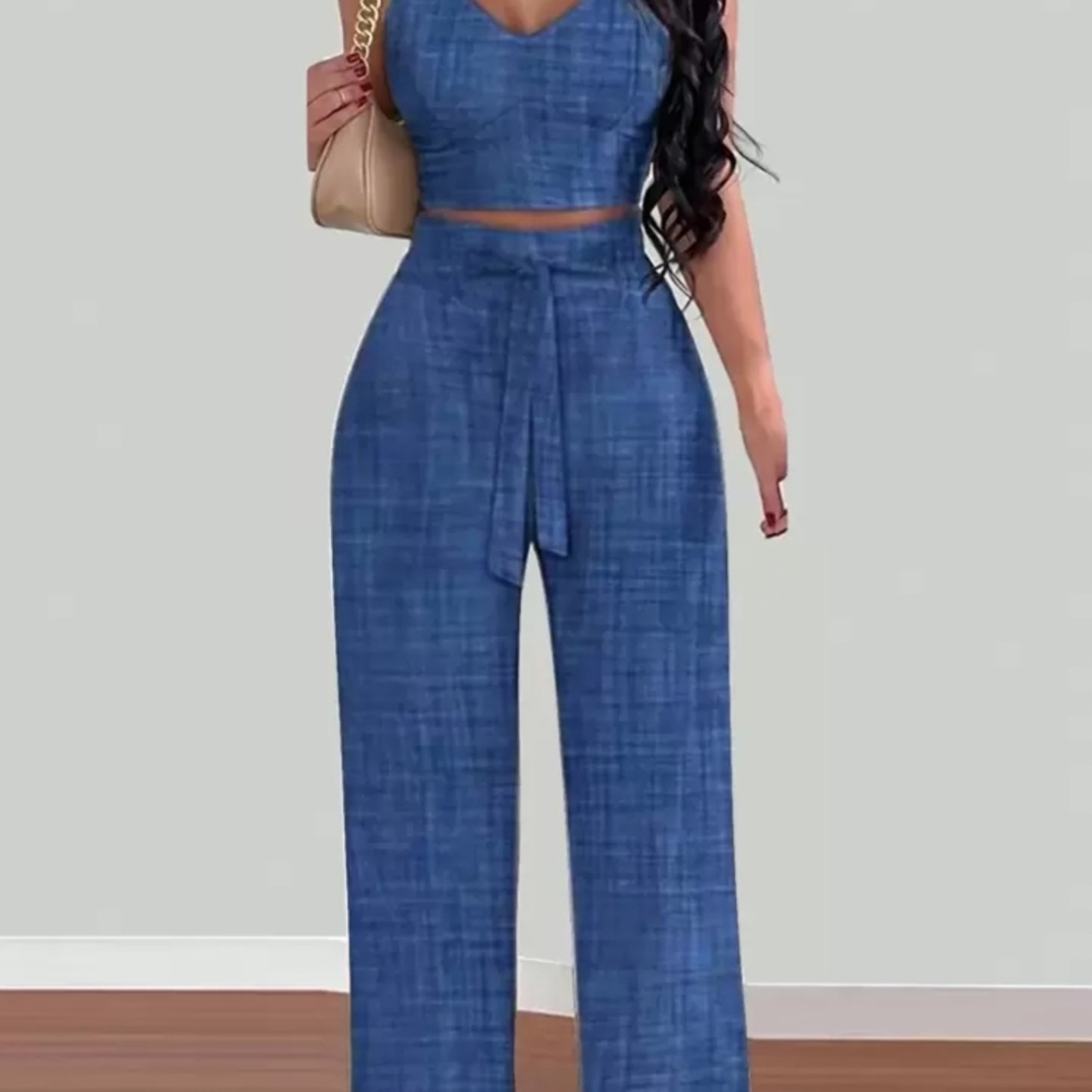 Blue Denim Jumpsuit with Wide-Leg Silhouette and Sweetheart Neckline